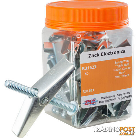 R3162J-50 SPRING WING TOGGLE BOLT COMBO 3/16 X2" BOLT ROUND HEAD 50PK