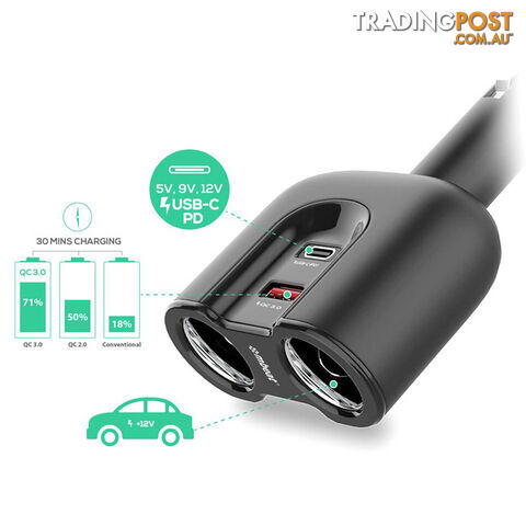 MBCHGRC28 DUAL PORT USB-C CAR CHARGER CIG SPLITTER PD QC - photo 2 of 4