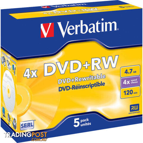 VDVD+RW5 5PK DVD+RW IN JEWEL CASE 1-4X 4.7GB VERBATIM