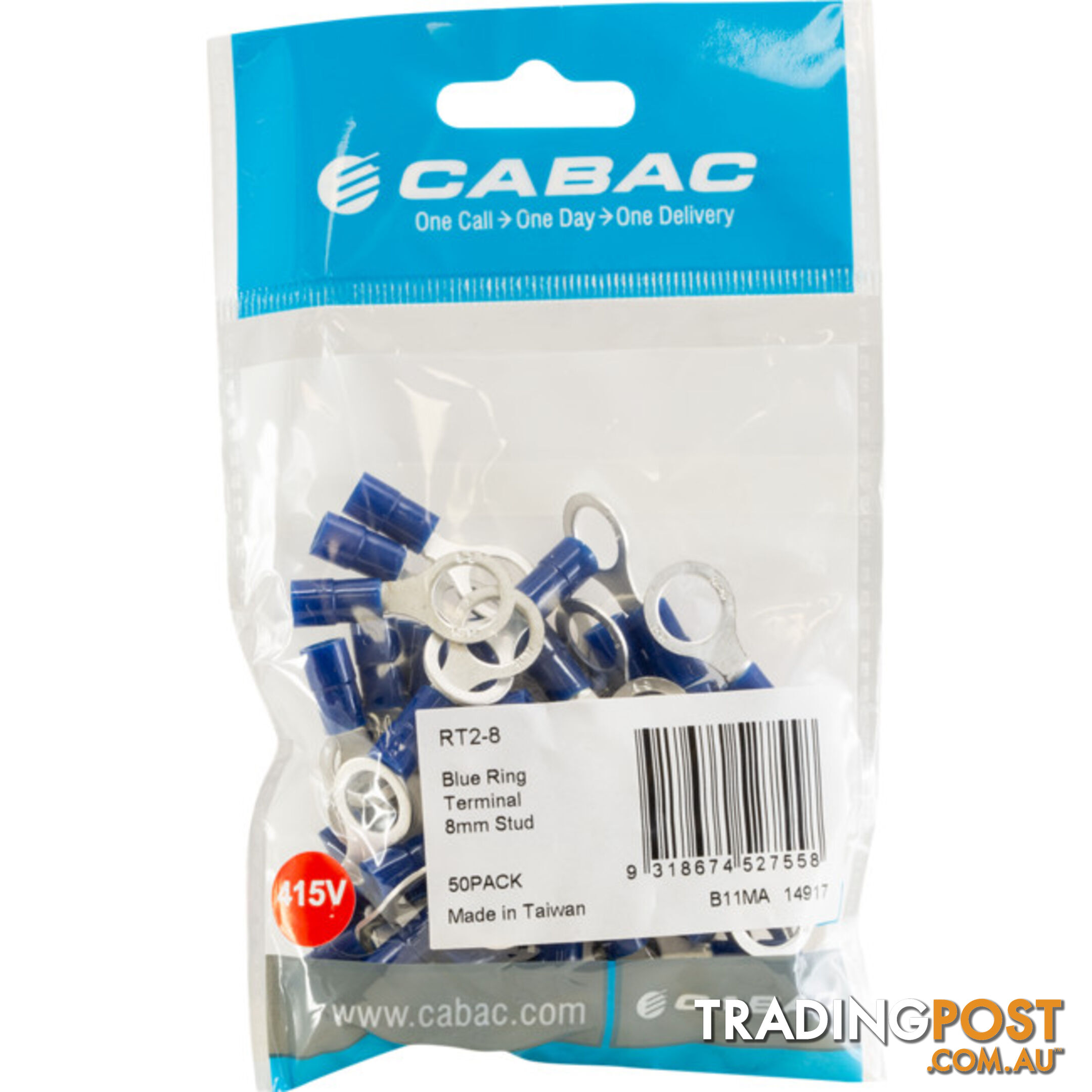 RT2-8-50 RING TERMINALS BLUE 8MM STUD 50PK WIRE RANGE 1-2.5MM SQUARE