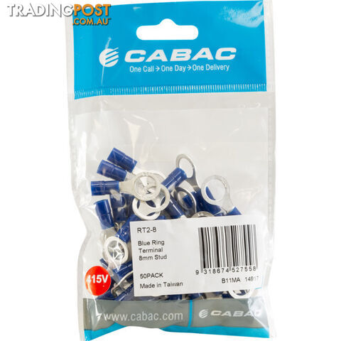 RT2-8-50 RING TERMINALS BLUE 8MM STUD 50PK WIRE RANGE 1-2.5MM SQUARE