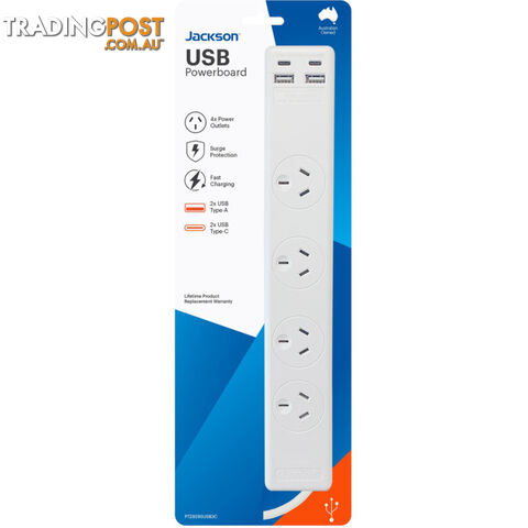 PT2929SUSB3C 4 WAY SURGE POWERBOARD WITH 2 X USB & 2 X USB-C PORTS - photo 2 of 3