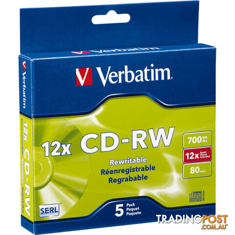 VCDRW-5US 5PK RE-WRITEABLE CD VERVATIM HIGH SPEED 4-12X SLIM CASE