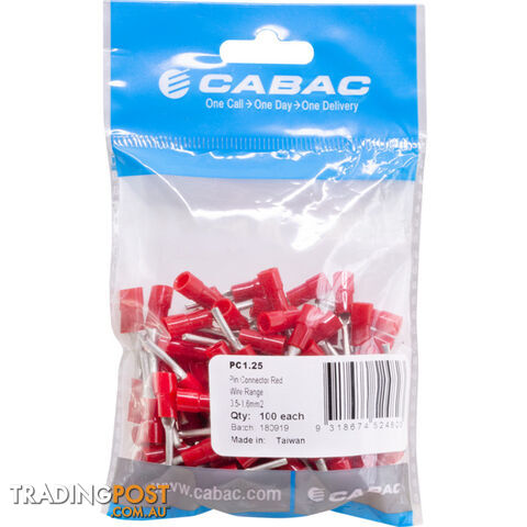 PC1.25-100 PIN CONNECTORS RED 100PK WIRE RANGE 0.5 - 1.6MM SQUARED