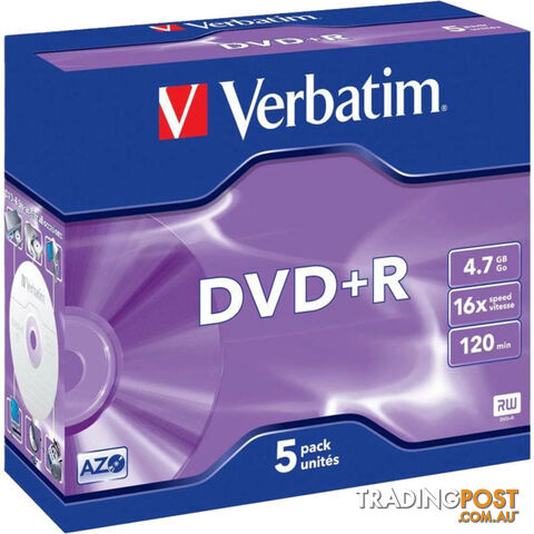 VDVD+R5 DVD+R 4.7GB 1-16X 5 PACK JEWEL CASES VERBATIM - photo 1 of 1