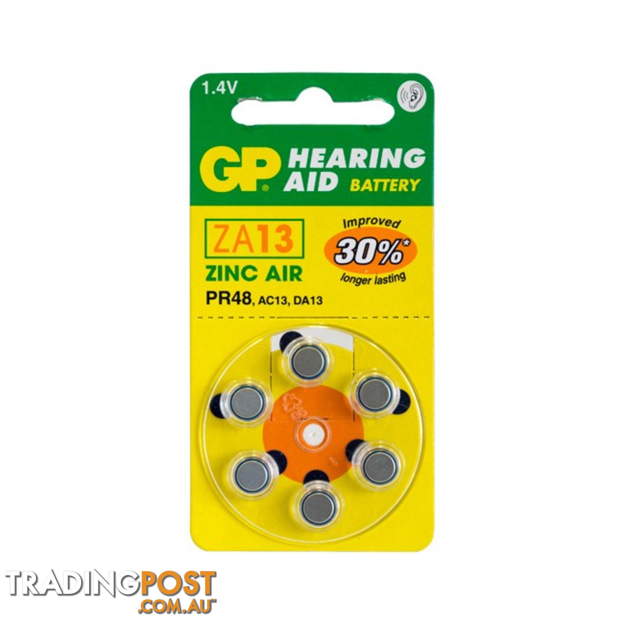 ZA13B6 HEARING AID BATTERY, 6 PACK SIZE 13, PR48, AC13 - GP