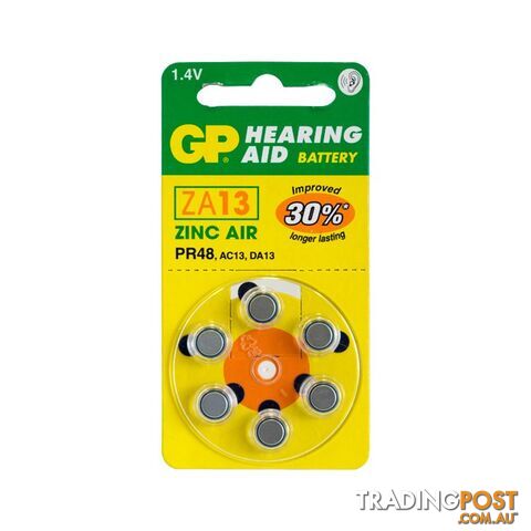 ZA13B6 HEARING AID BATTERY, 6 PACK SIZE 13, PR48, AC13 - GP