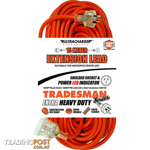 UR24015T 15M HEAVY DUTY EXTENSION LEAD TRADESMAN- ORANGE& CLEAR PLUG