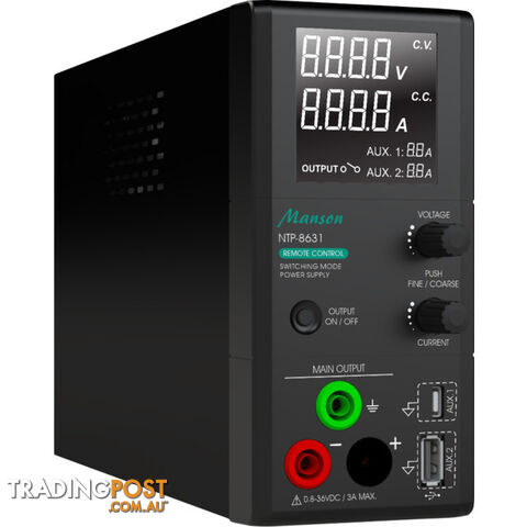 NTP8631 0.8-36V 0.1-3A 100W SWITCHMODE POWER SUPPLY PROGRAMMABLE LAB GRADE WITH USB A AND TYPE C OUTPUT