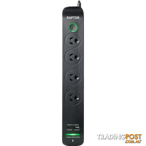 RAP4 RAPTOR 4 WAY SURGE PROTECTED POWERBOARD 30W PD USB-C 30W QC USB-A