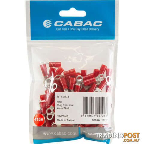 RT1.25-4-100 RING TERMINALS RED 4MM STUD 100PK WIRE RANGE .5-1MM SQUARE