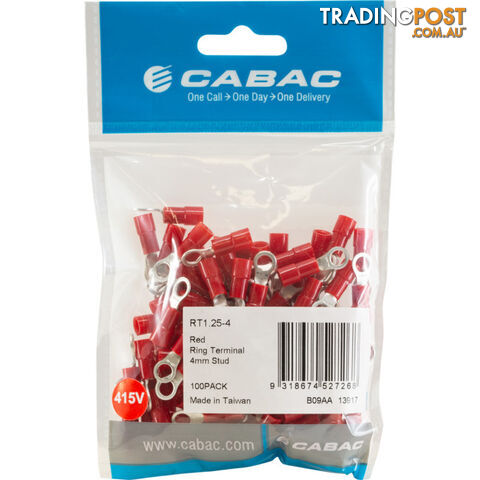 RT1.25-4-100 RING TERMINALS RED 4MM STUD 100PK WIRE RANGE .5-1MM SQUARE