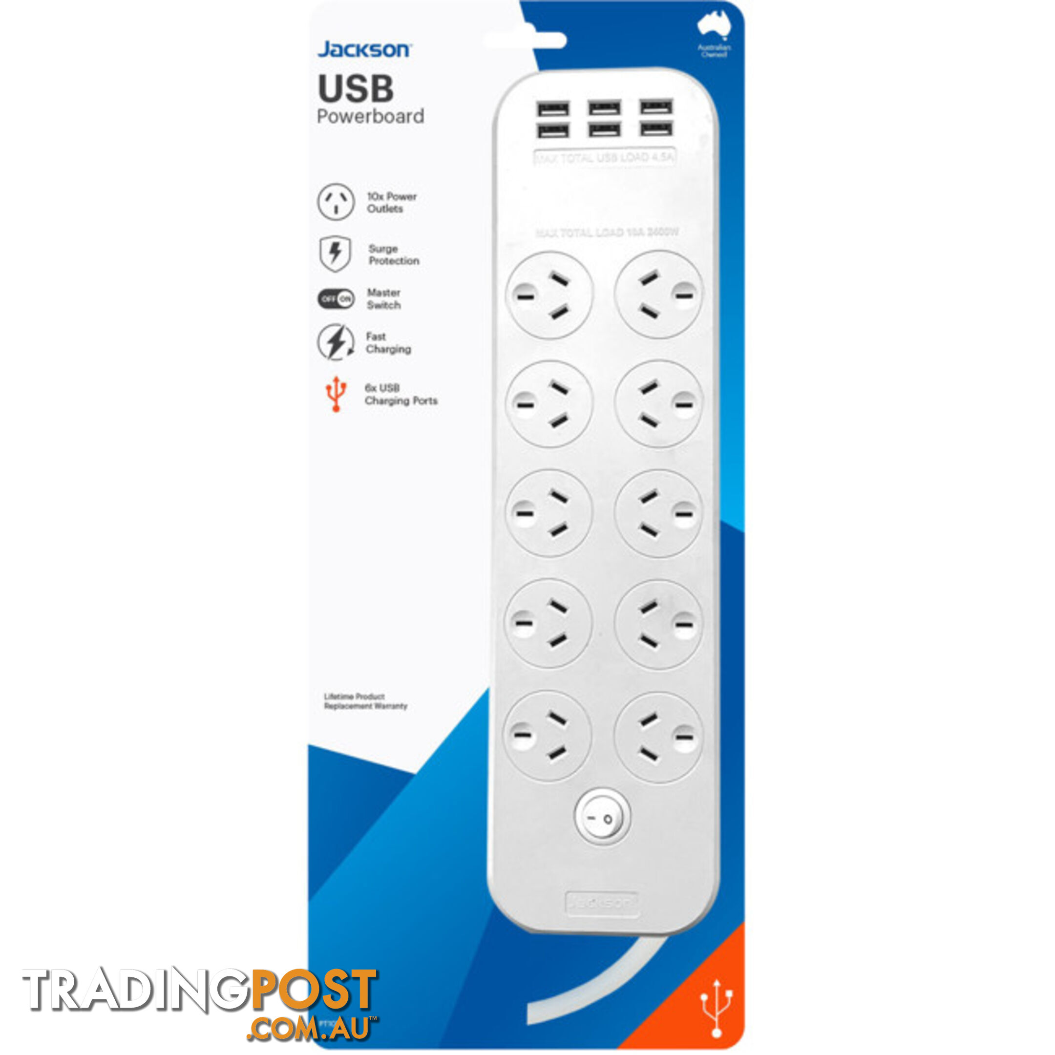 PT1055 10 OUTLET SWITCHED POWERBOARD WITH USB CHARGING