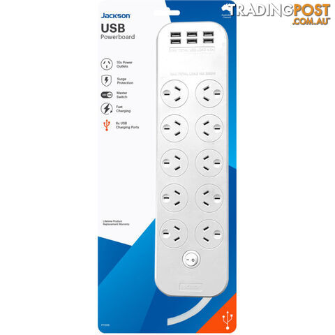 PT1055 10 OUTLET SWITCHED POWERBOARD WITH USB CHARGING