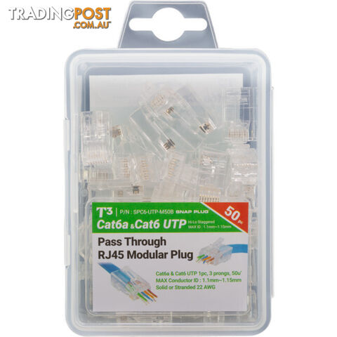 T3SPC6A-50 UTP RJ45 CAT6A SOLID SNAP PLUG 1.10MM TO 1.15MM PACK OF 50