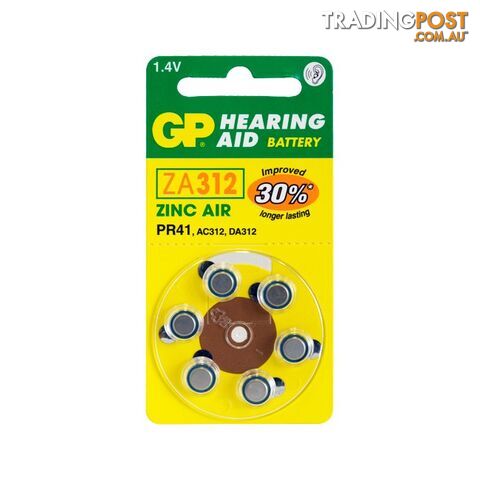 ZA312B6 HEARING AID BATTERY, 6 PACK SIZE 312, PR41, AC312 - GP