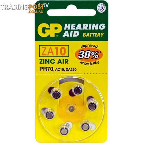 ZA10B6 HEARING AID BATTERY, 6 PACK SIZE 10, PR70, AC10 - GP
