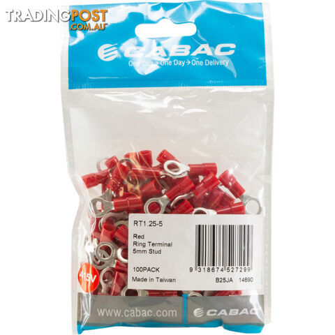 RT1.25-5-100 RING TERMINALS RED 5MM STUD 100PK WIRE RANGE .5-1MM SQUARE