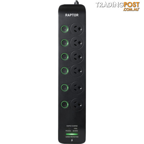 RAP6S RAPTOR 6 WAY INDIVIDUALLY SWITCHED POWERBOARD WITH 30W PD USB-C 30W QC...