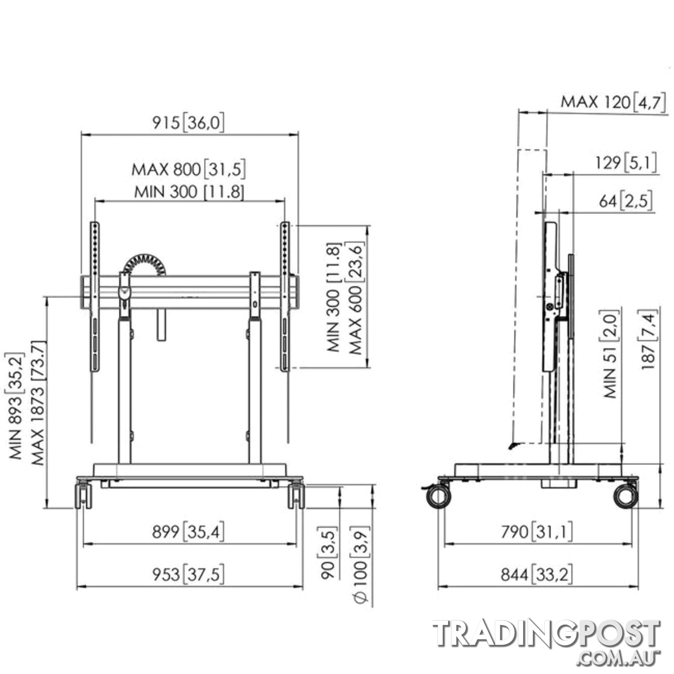 RISE5308 MOTORIZED DISPLAY LIFT TROLLEY- PREMIUM WHEELS 80MM PER SEC SPEED - UP TO 86" -120KG DISPLAY