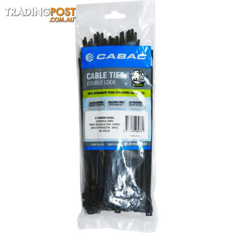 CT200BKDL 203 X 4.3MM DOUBLE LOCK CABLE TIE 100PK BLACK