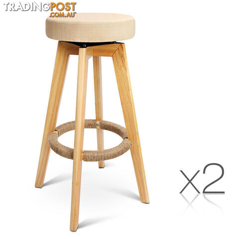 2 x Fabric Swivel Seat Bar Stools Kitchen Cafe Wooden Counter Height Chair Beige