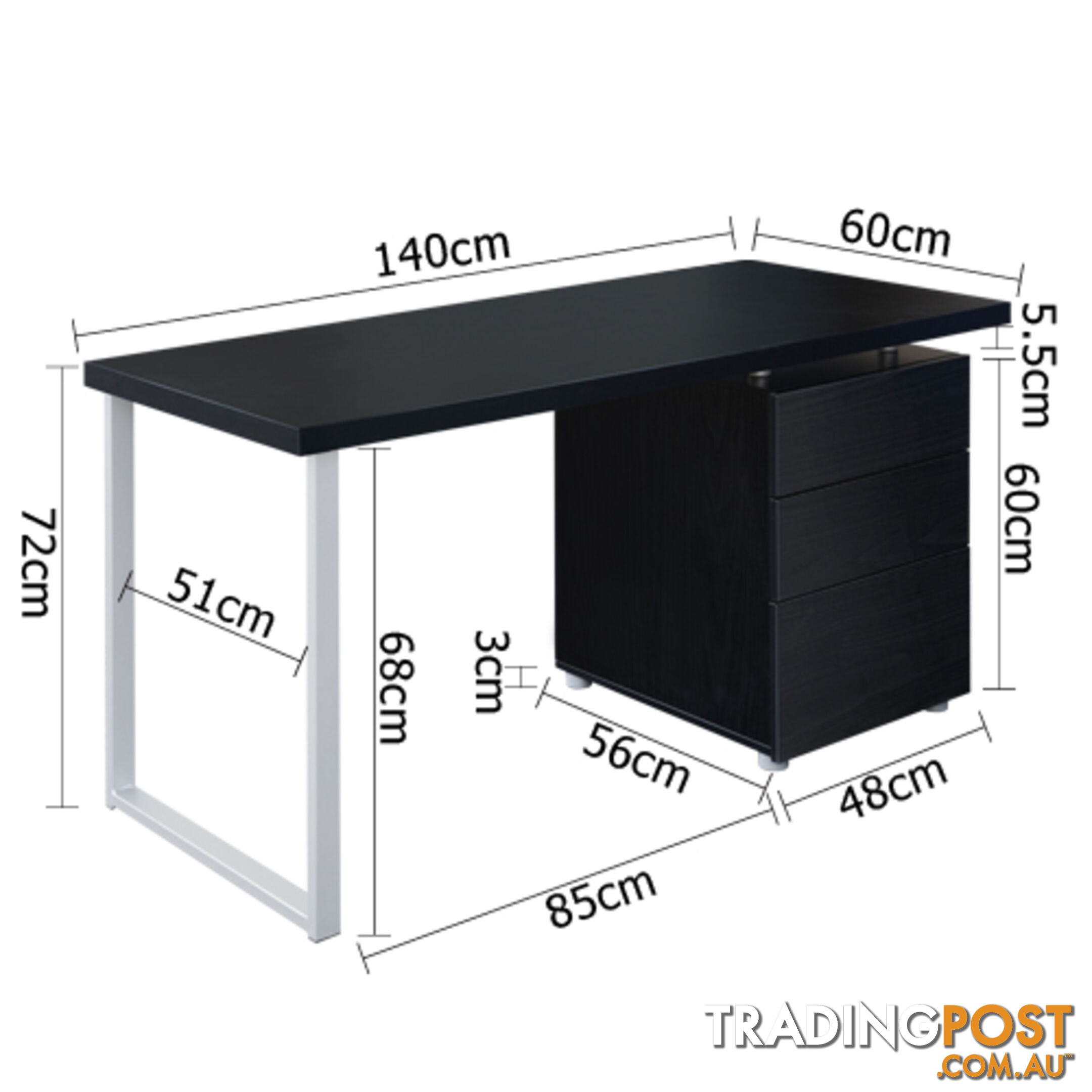 Office Computer Desk Home Study Table 3 Drawer Cabinet Student Kids Desk Black