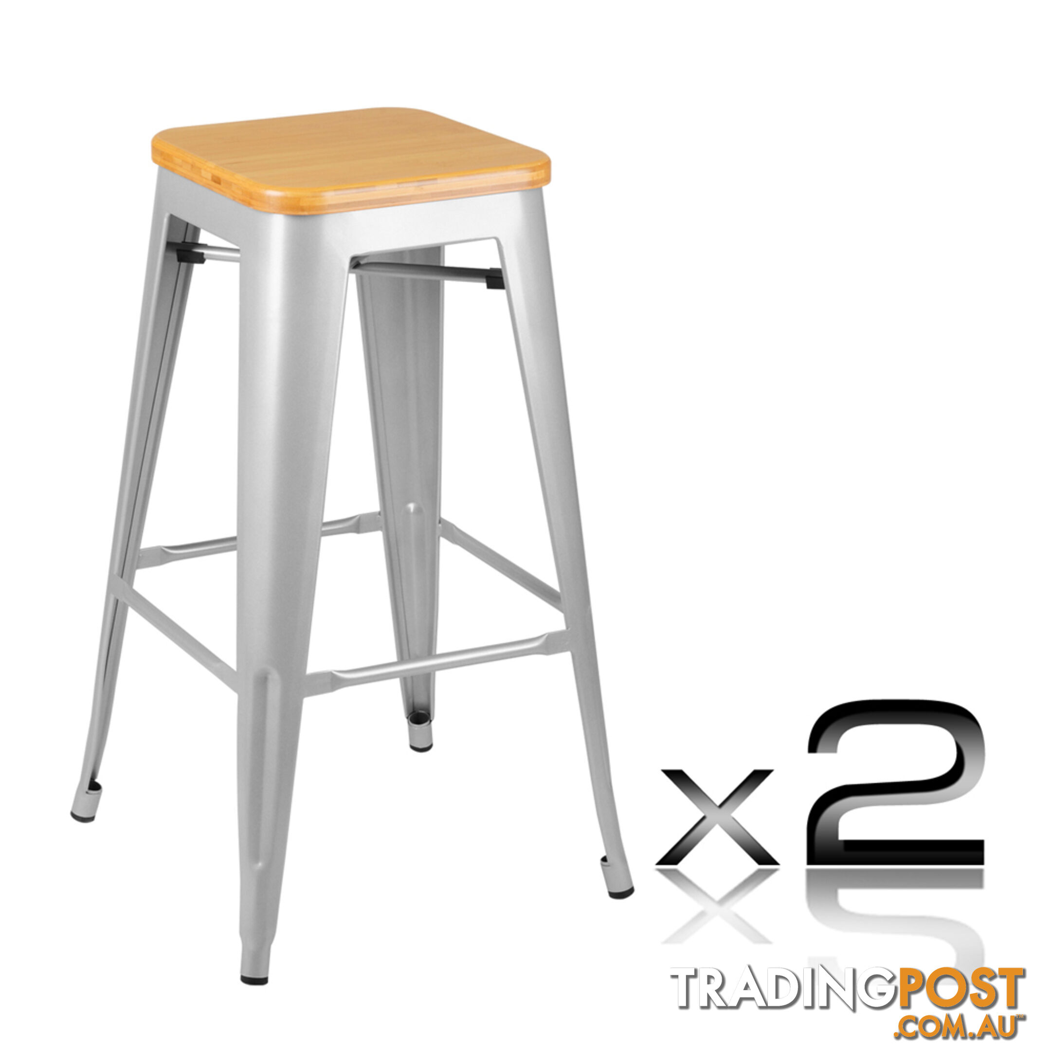 Set of 2 Replica Tolix Bar Stool Bamboo Seat 76cm Metal