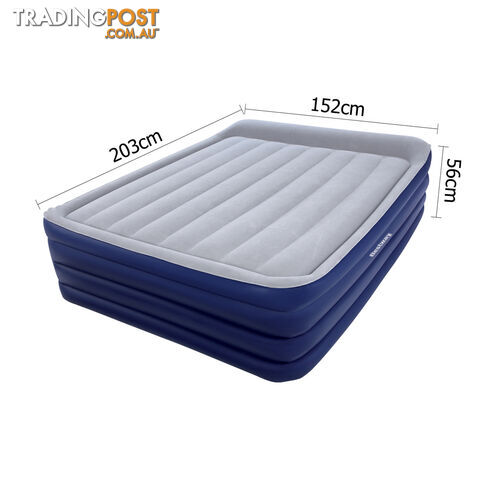 High Rise Queen Inflatable Air Bed Built-in Pump Blow Up Mattress Camping Blue