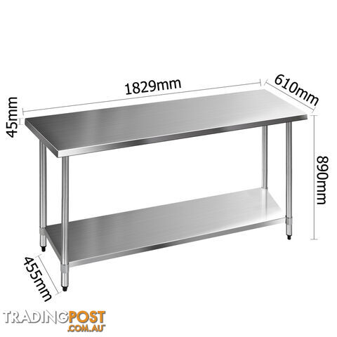 Commercial Stainless Steel Kitchen Work Bench Food Preparation Table Top 1829mm