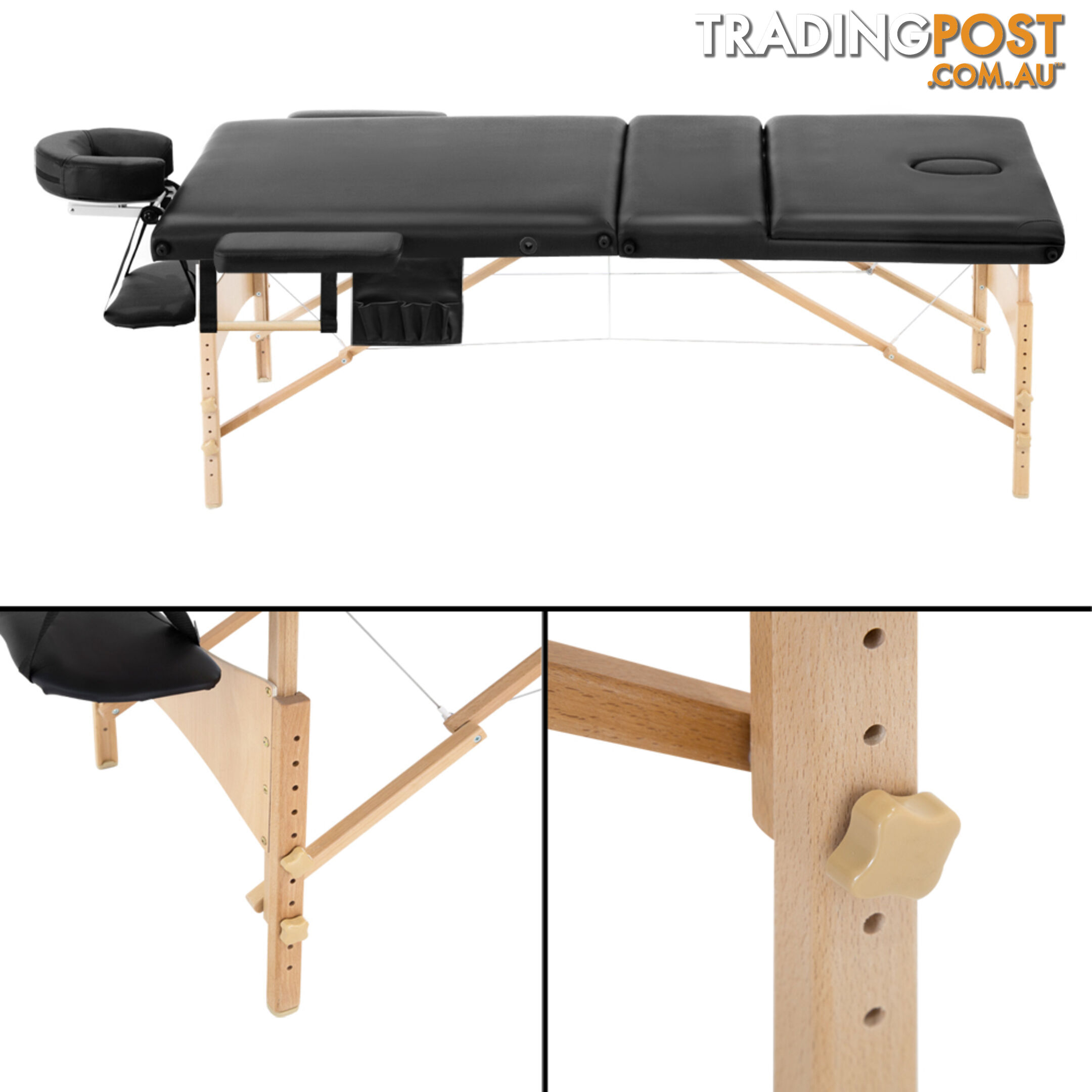 Portable Wooden Massage Table 3 Fold Beauty Chair Bed Waxing Black 70 cm