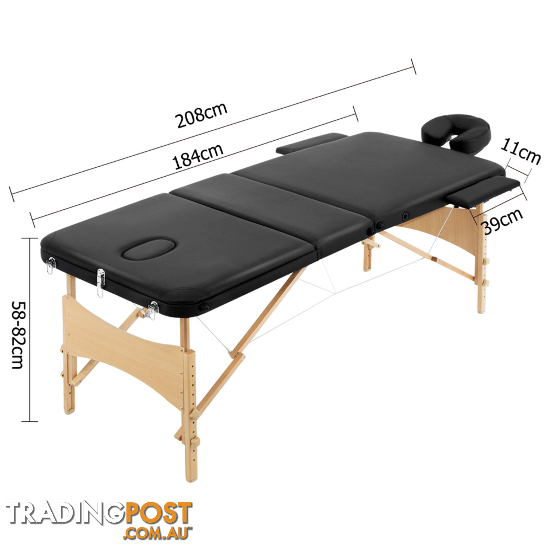 Portable Wooden Massage Table 3 Fold Beauty Chair Bed Waxing Black 70 cm