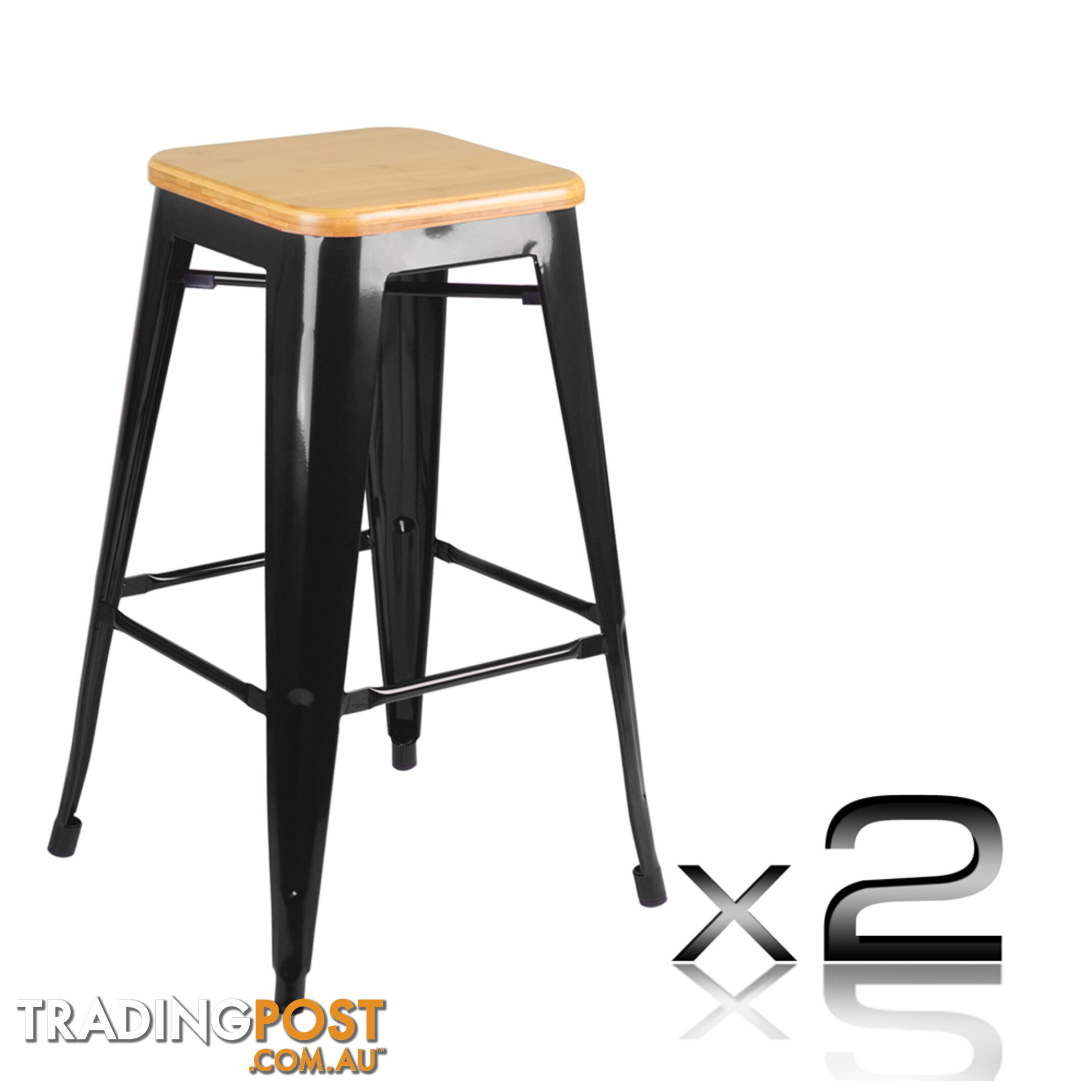 Set of 2 Replica Tolix Kitchen Bar Stool Bamboo Seat 66cm Black