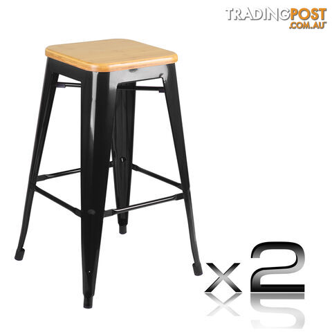 Set of 2 Replica Tolix Kitchen Bar Stool Bamboo Seat 66cm Black