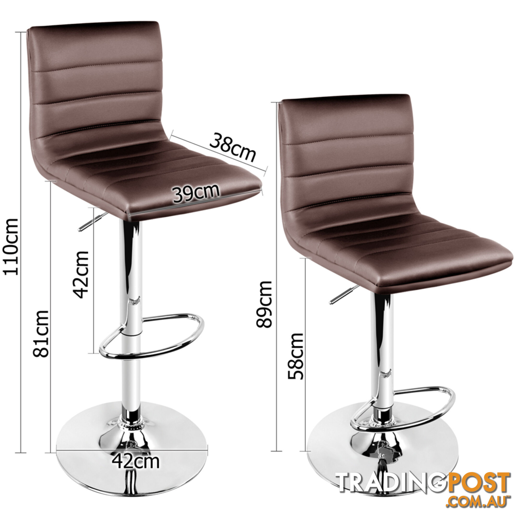 2 x PU Leather Backrest Kitchen Bar Stool Cafe Swivel Breakfast Stools Chocolate