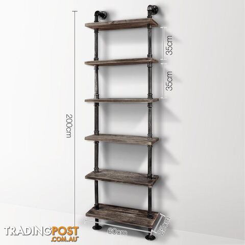 6 Level DIY Rustic Industrial Pipe Shelf Tier Wooden Bookshelf Home Cafe Deco