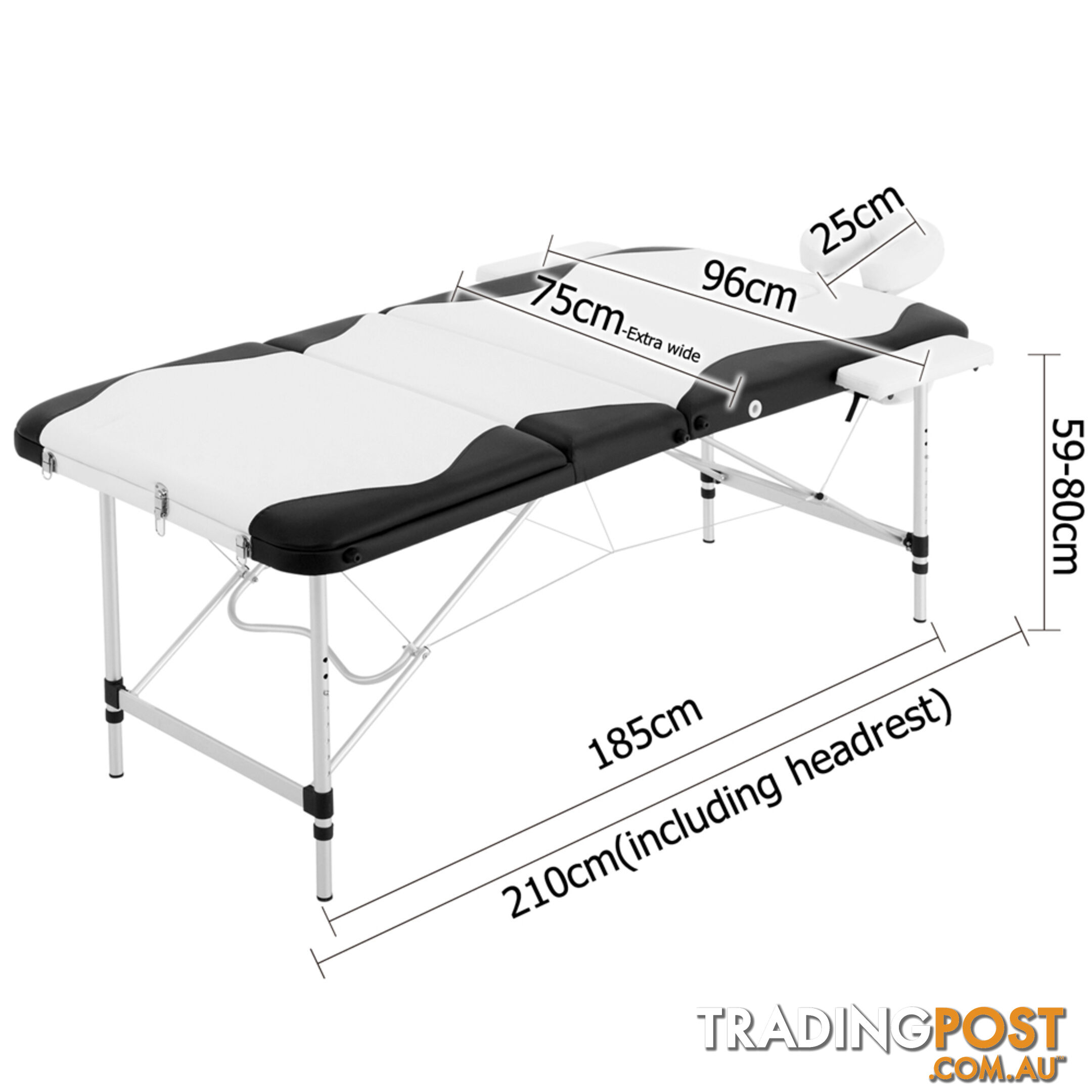 Portable Aluminium 3 Fold Massage Table Beauty Chair Bed Waxing Black White 75cm