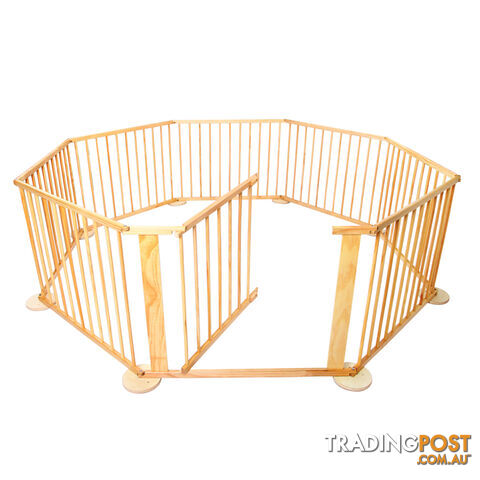 8 Panel Sturdy Baby Playpen Natural Wooden Kids Toddler Safety Divider Gate