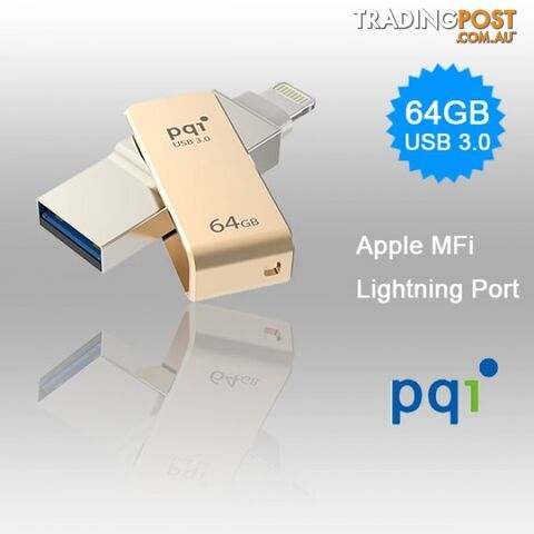 PQI iConnect Mini 6I04-064GR2001 Gold [Apple MFi] 64 GB Mobile Flash Drive w/ Lightning Connector for iPhones iPads Mac & PC USB 3.0 (6I04-064GR2001)
