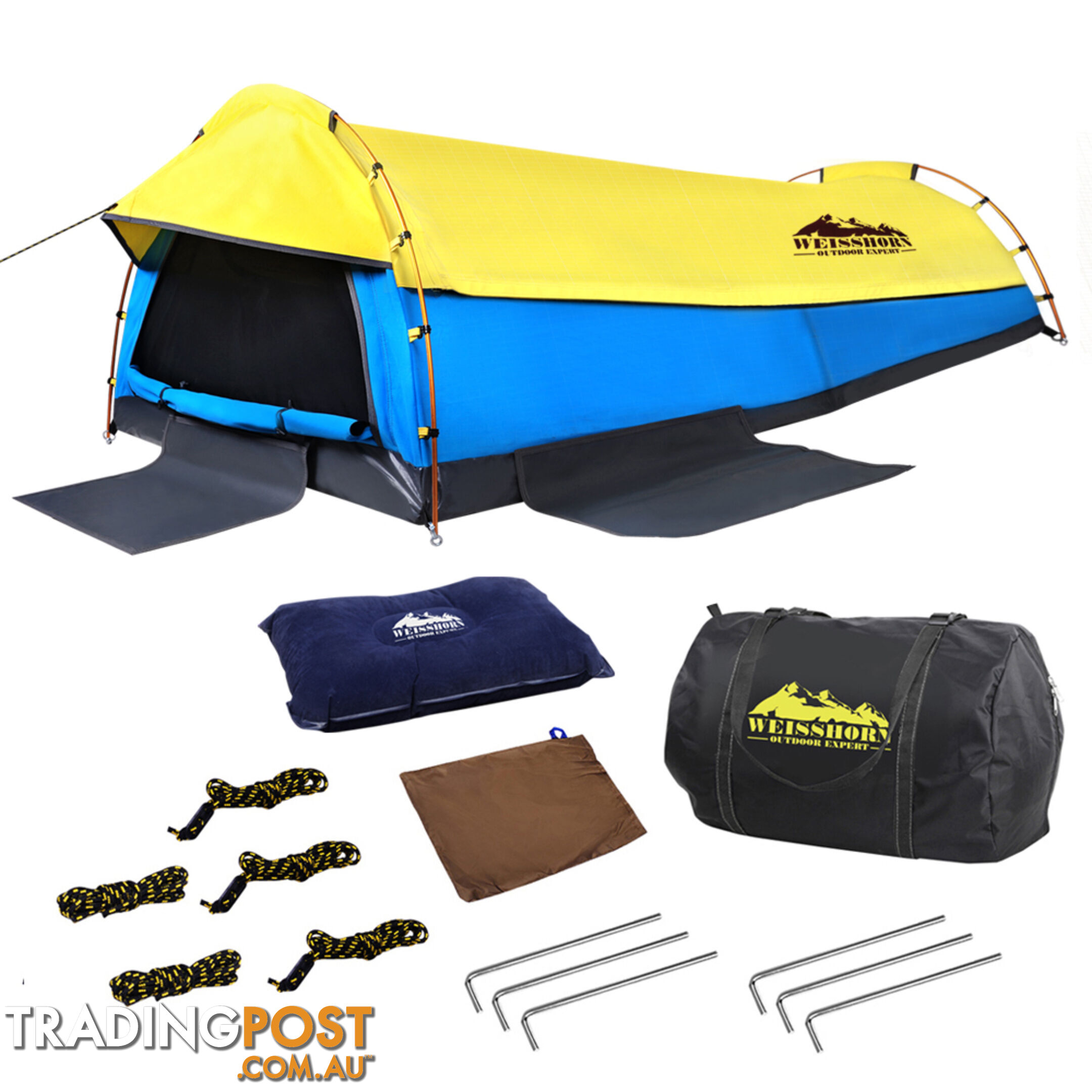 King Single Swag Camping Extra Large Deluxe Swags Canvas Tent Yellow Blue