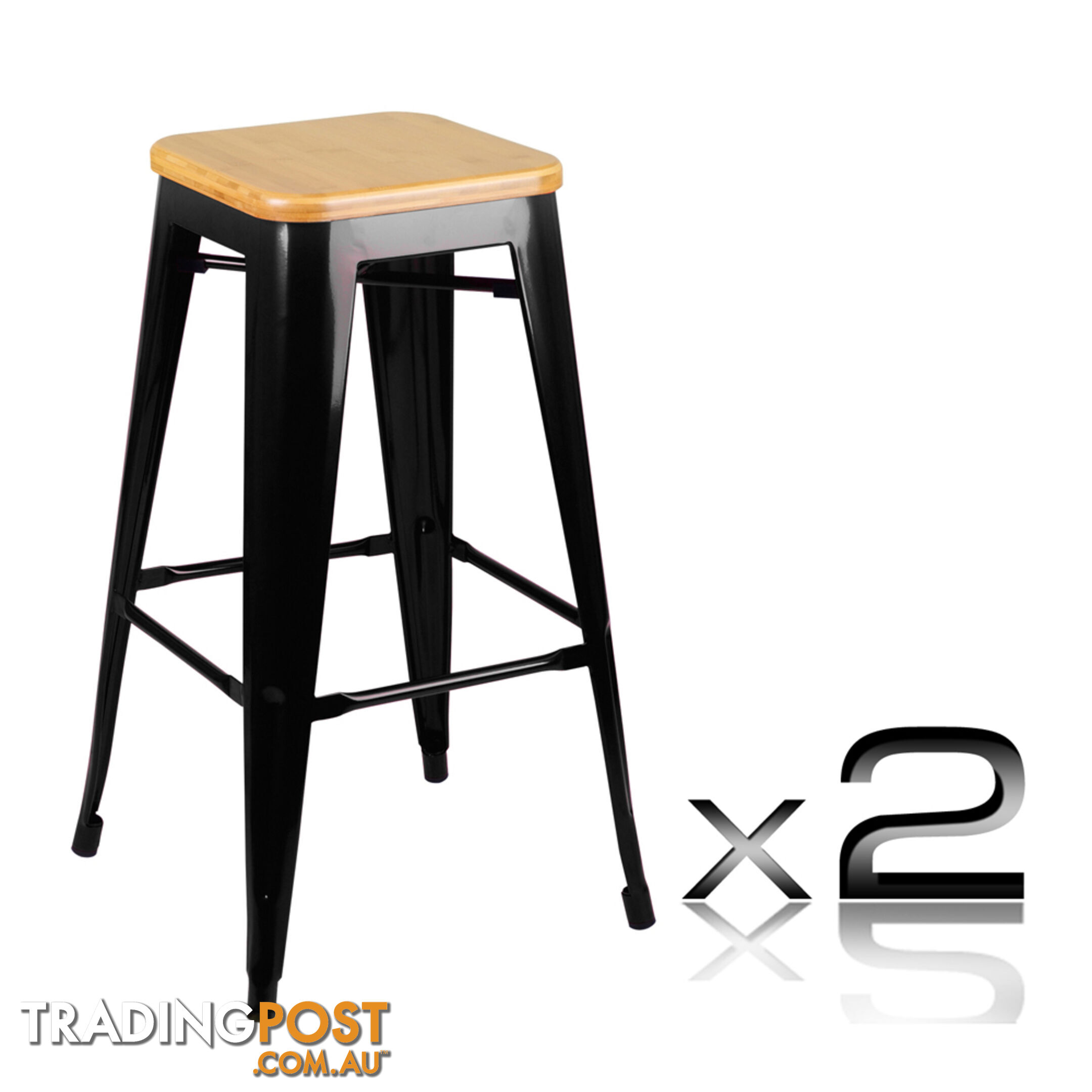 Set of 2 Replica Tolix Bar Stool Bamboo Seat 76cm Black