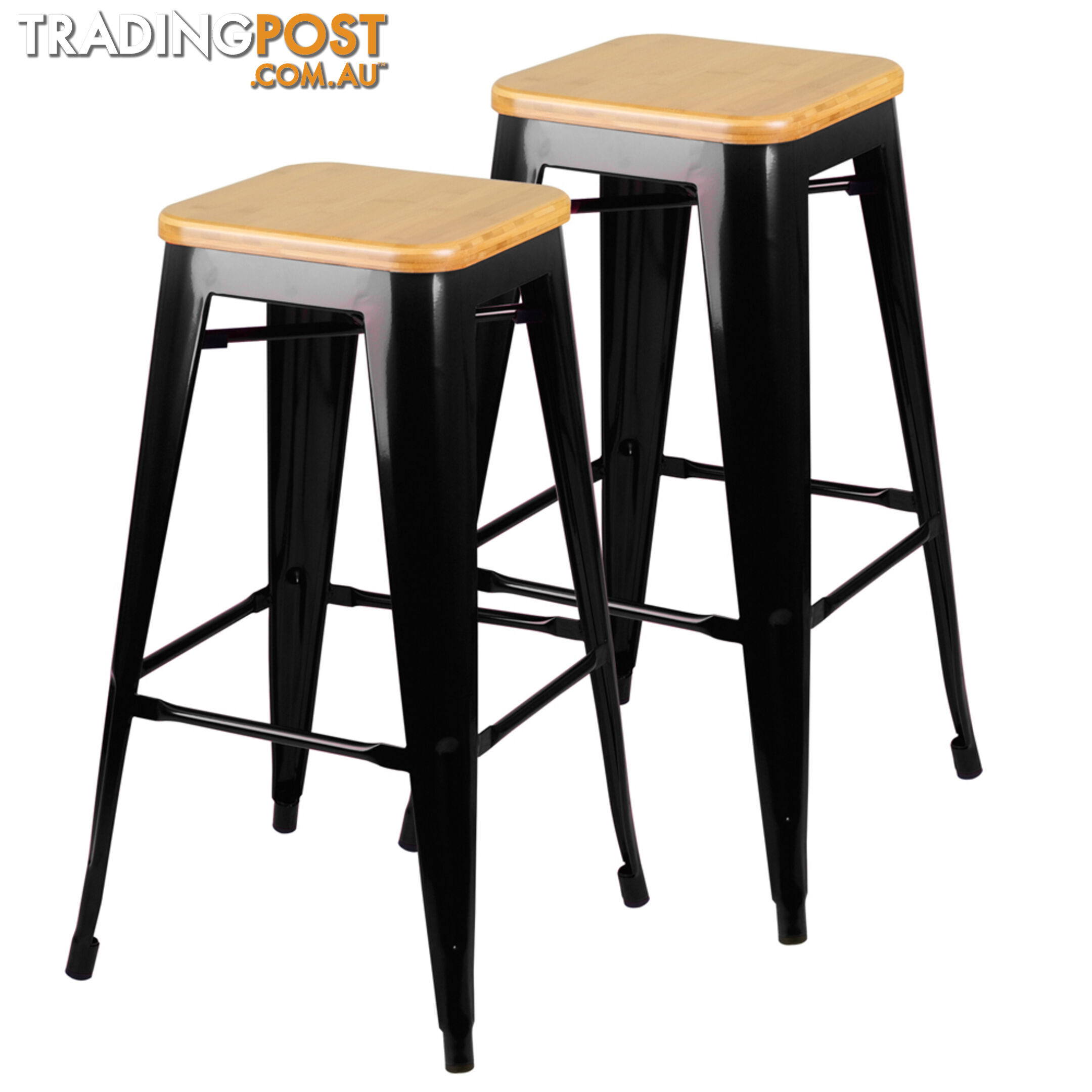 Set of 2 Replica Tolix Bar Stool Bamboo Seat 76cm Black