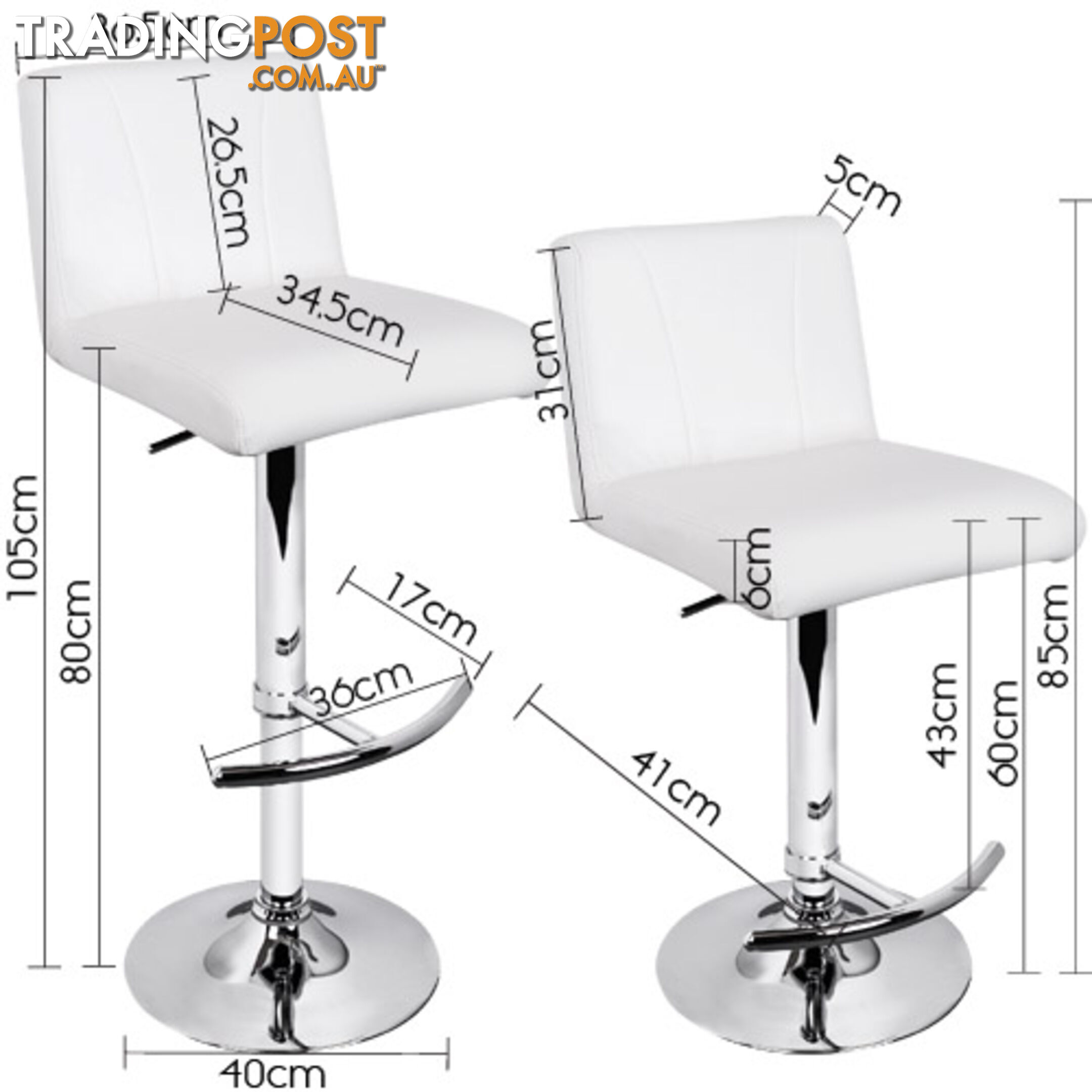 2 x PU Leather Gas Lift Bar Stool Kitchen Chair White