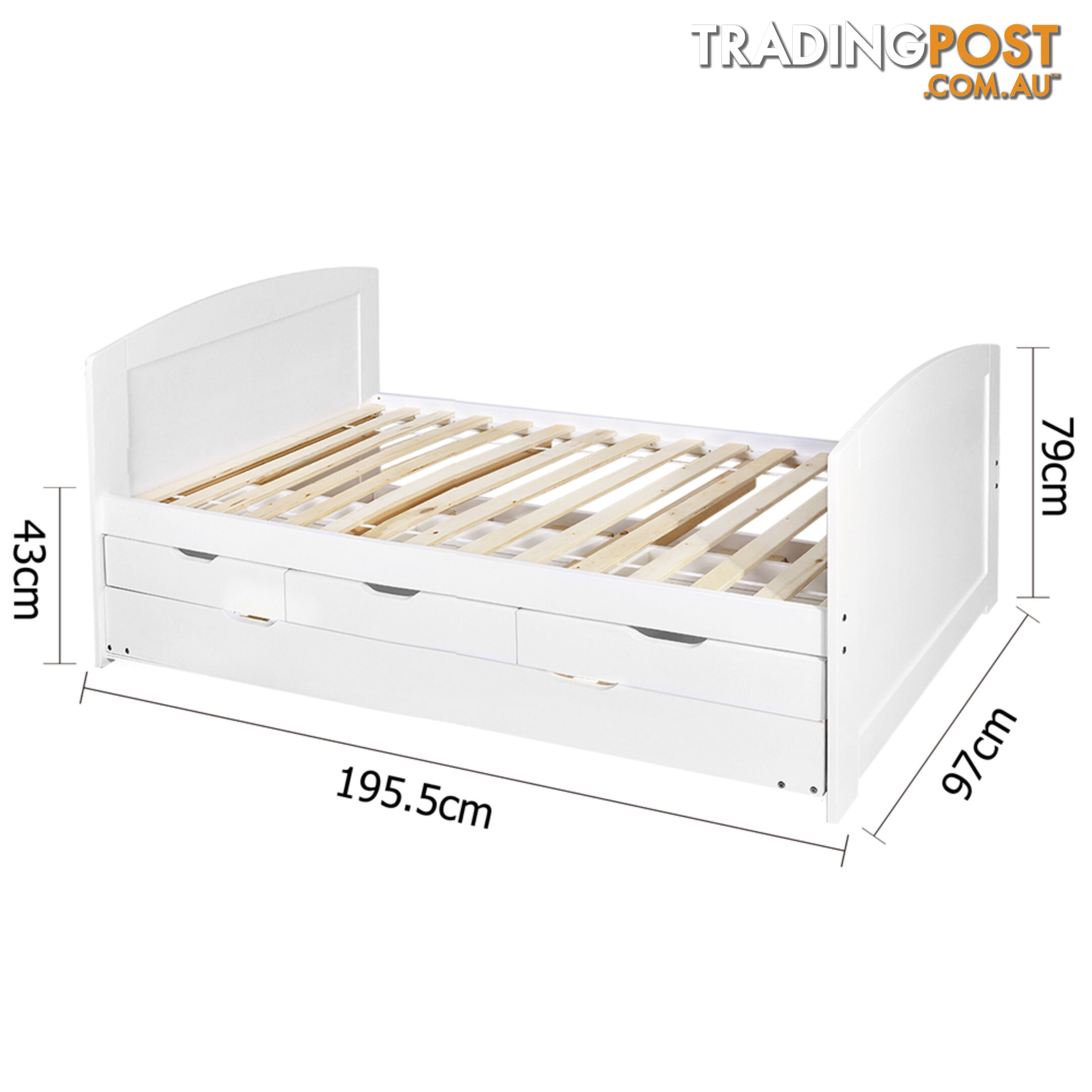 Wooden Bed Frame Pine Wood w/ Drawers Single White