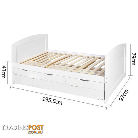 Wooden Bed Frame Pine Wood w/ Drawers Single White