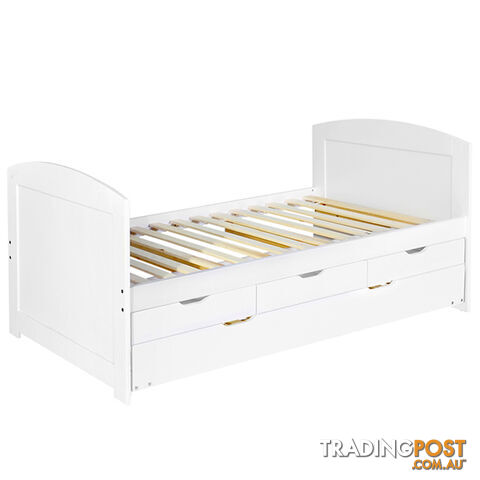 Wooden Bed Frame Pine Wood w/ Drawers Single White