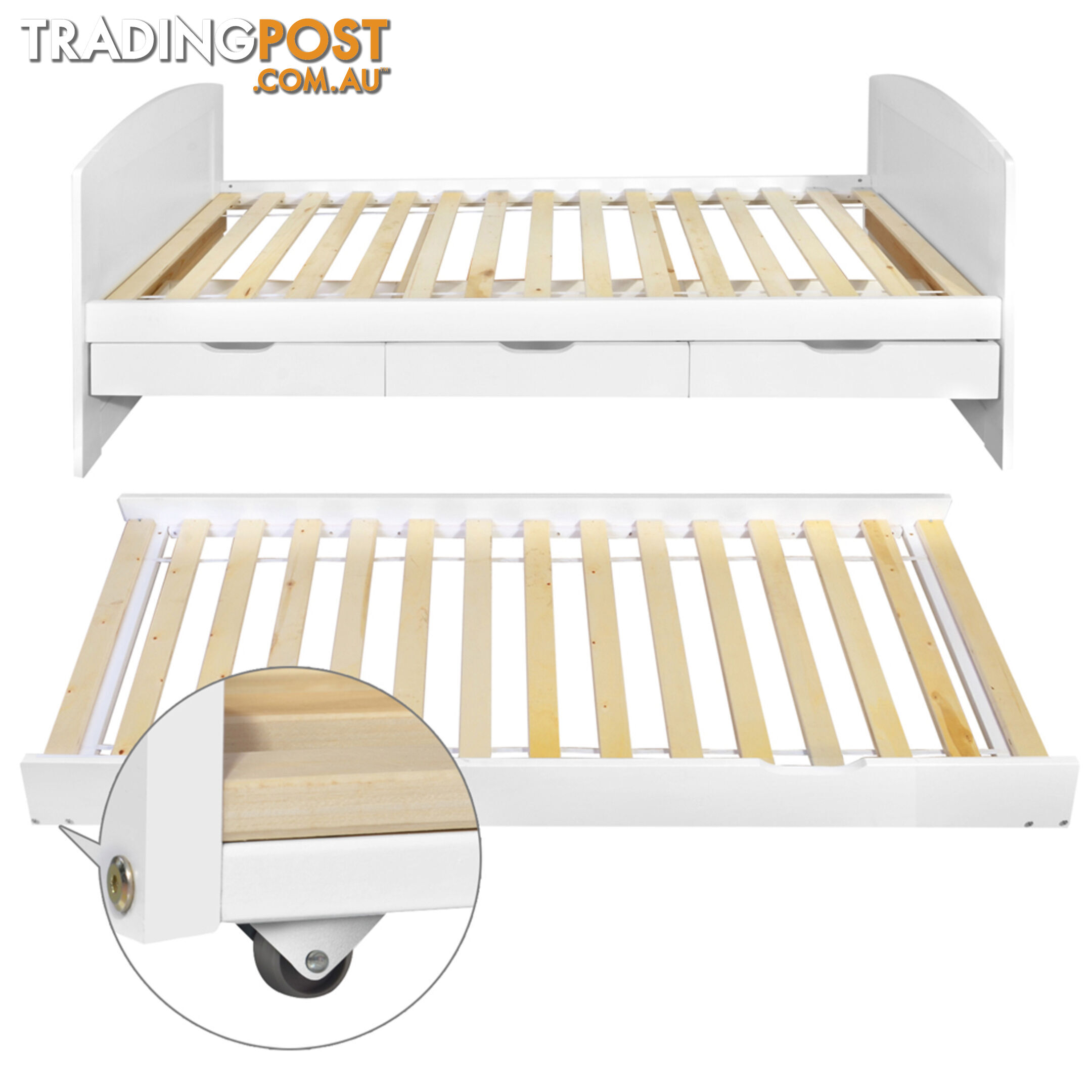 Wooden Bed Frame Pine Wood w/ Drawers Single White