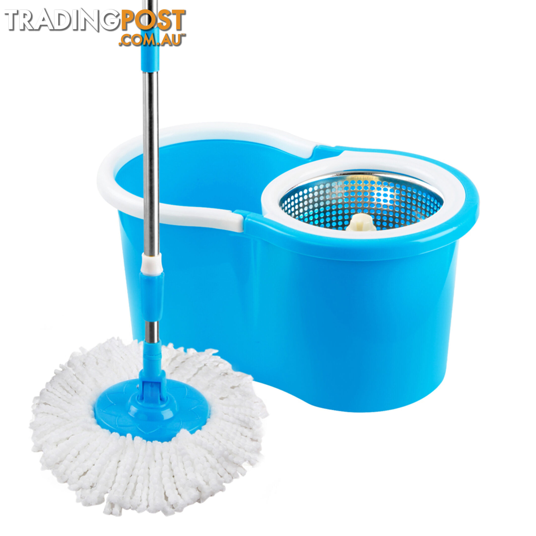 360 Degree Spinning Mop Stainless Steel Spin Dry Bucket w/ 2 Mop Heads Blue