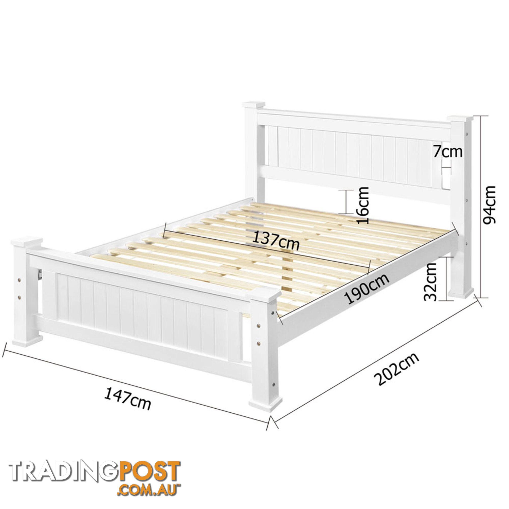 Wooden Bed Frame Pine Wood Double White