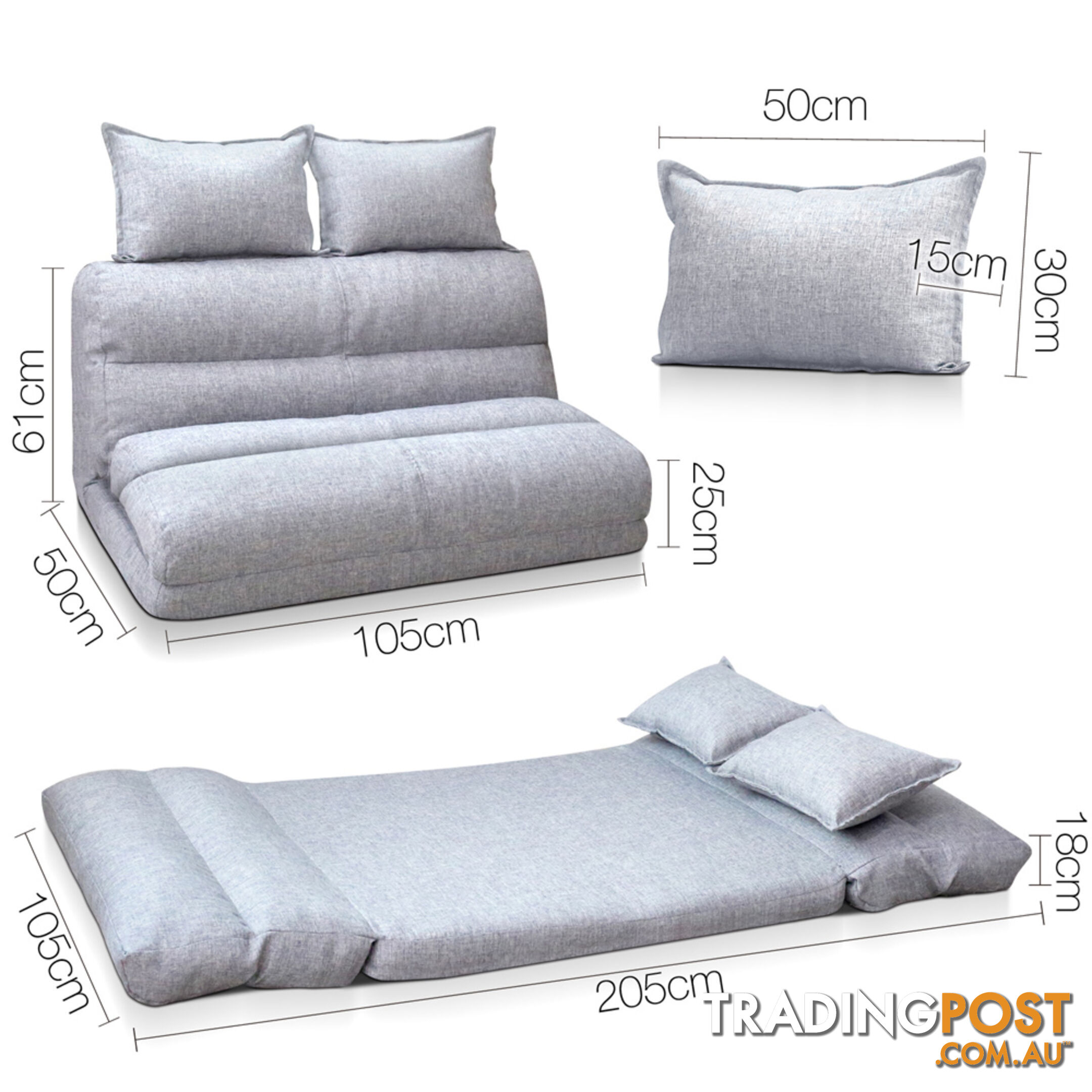 Double Size Adjustable Lounge Sofa - 5 positions Grey